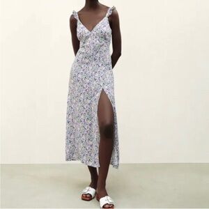 Zara Floral Midi Dress Size XS Purple Blue Ruffle Sleeve Slit Fairy Cottagecore